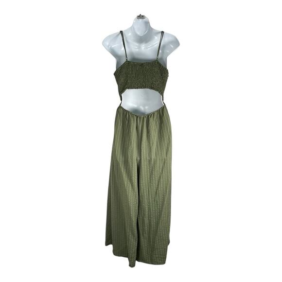Flying Tomato Olive Green White Pin Strip Tie-Front Jumpsuit Smock Back Medium - Picture 7 of 13